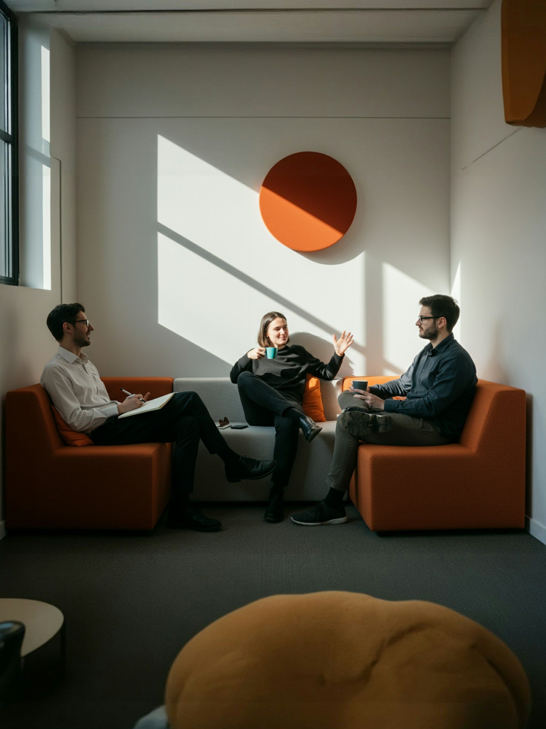 A couple of people sitting on a couch in a room.